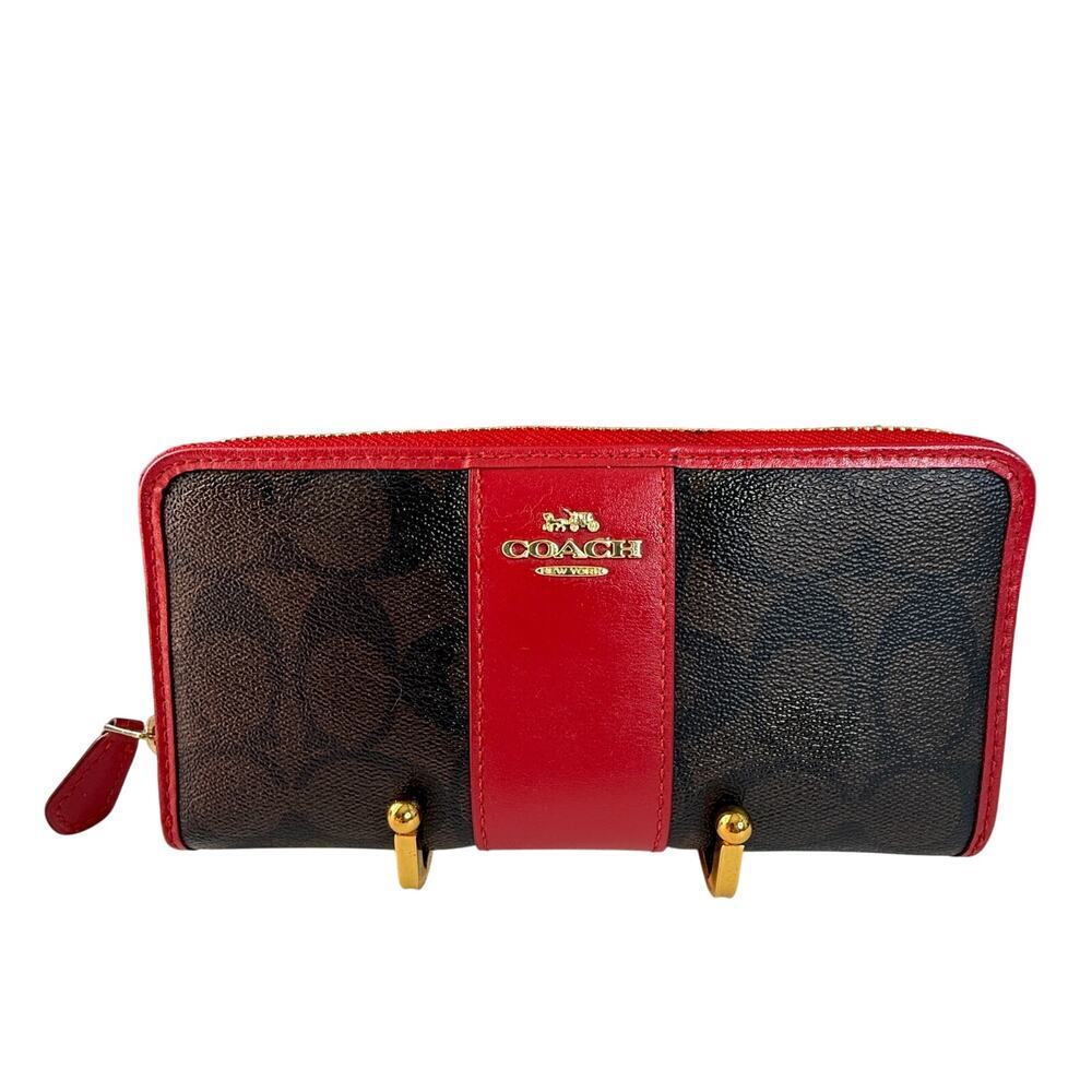 Coach Authentic Accordion Zip Wallet Signature Canvas Brown/1941 Red | GUC